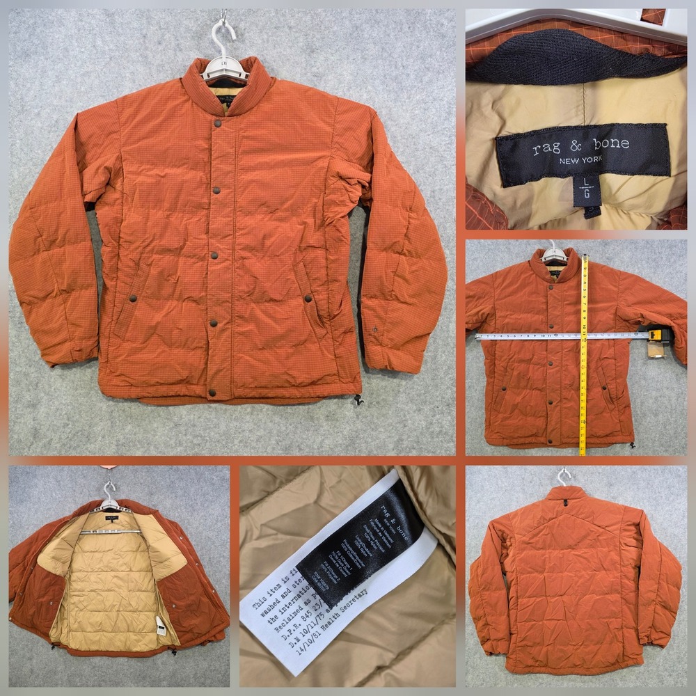 Rag & Bone Ethan Ripstop Jacket Mens Large Orange Down Puffer Full Zip Nylon